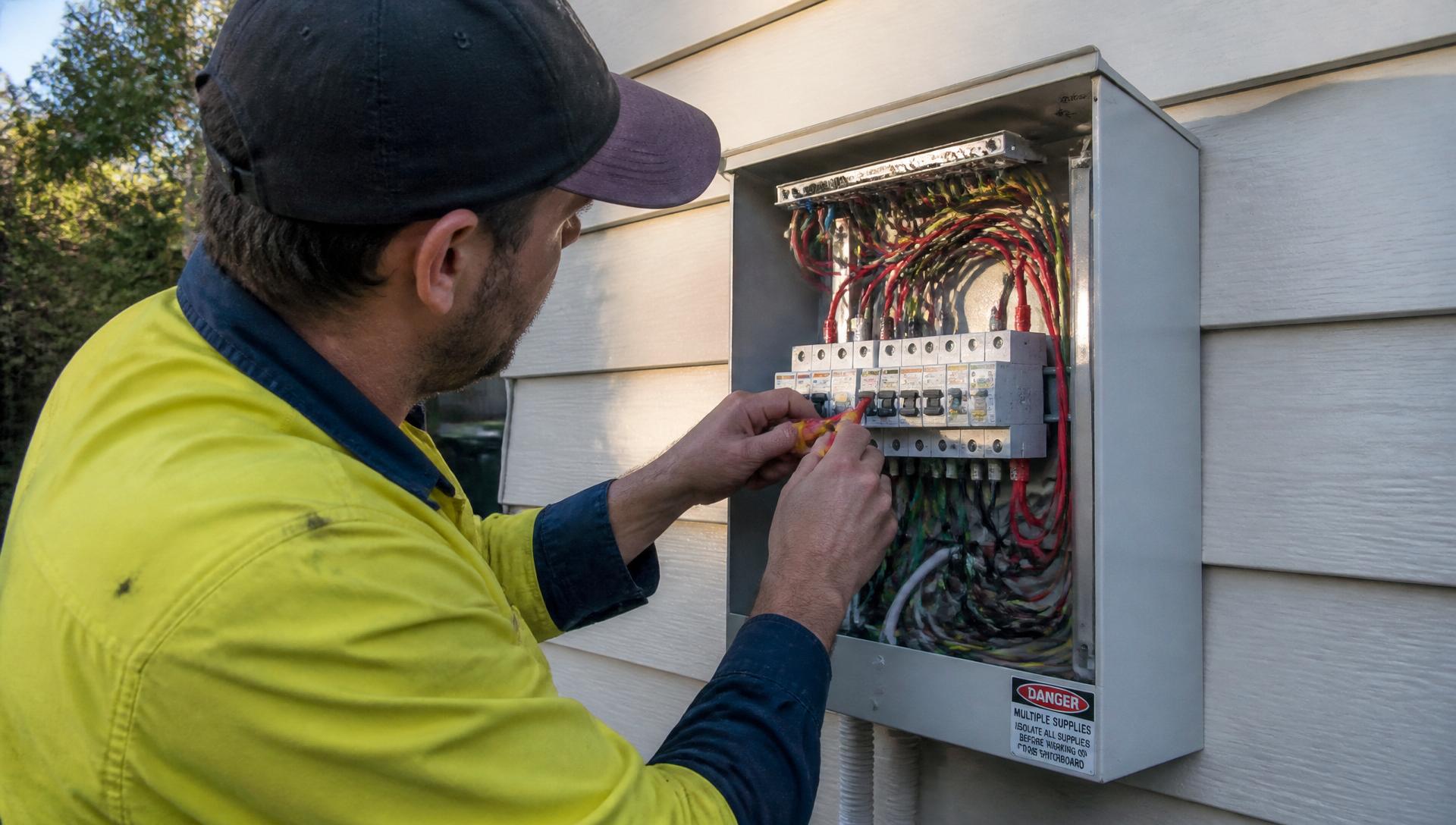Licensed electrician working on a residential switchboard